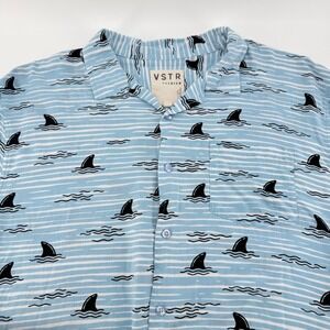 VSTR Premium Mens XL Shark Fin Stripe Button Up Shirt‎ Blue Short Sleeve Viscose